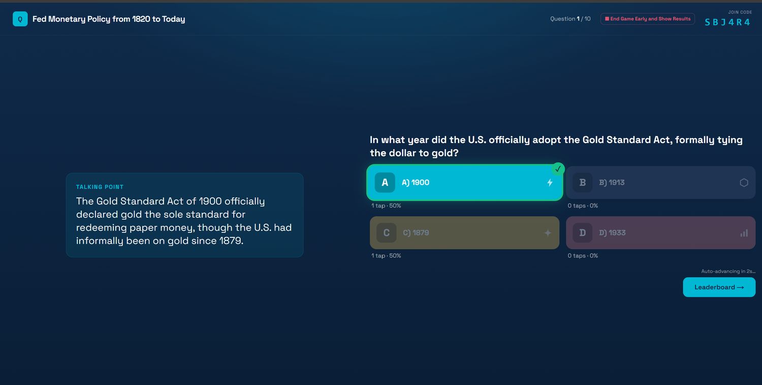 Question one revealed with the correct answer highlighted and a talking-point explanation.