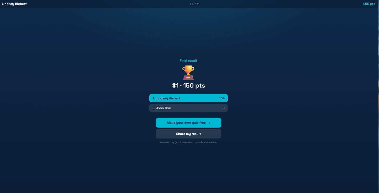 A player's own final-result screen showing their rank and a prompt to make their own quiz.