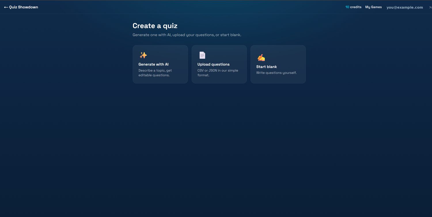 The Create a quiz screen with three options: generate with AI, upload questions, or start blank.