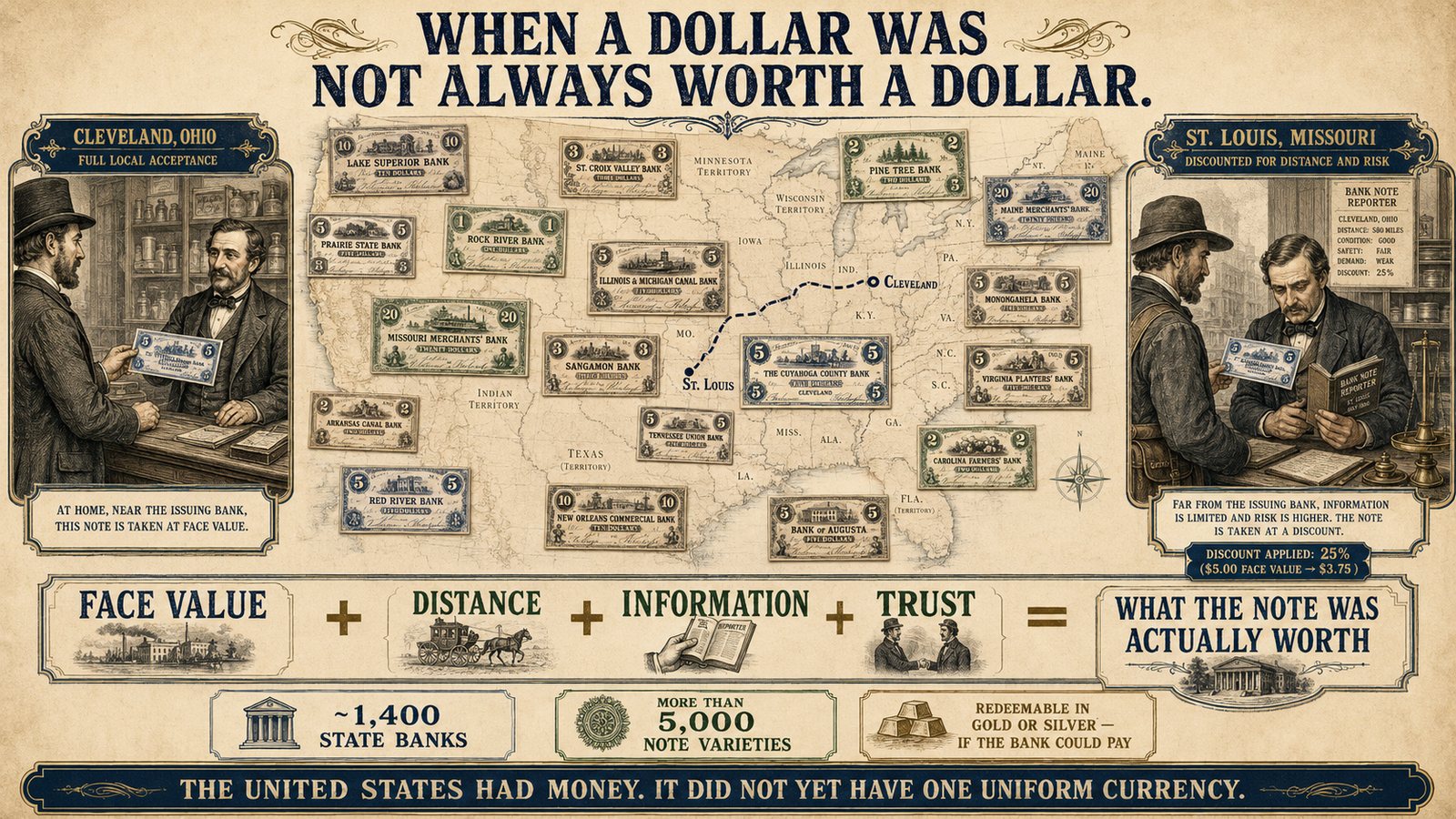 A storyboard illustration of a country awash in 5,000 different banknotes.