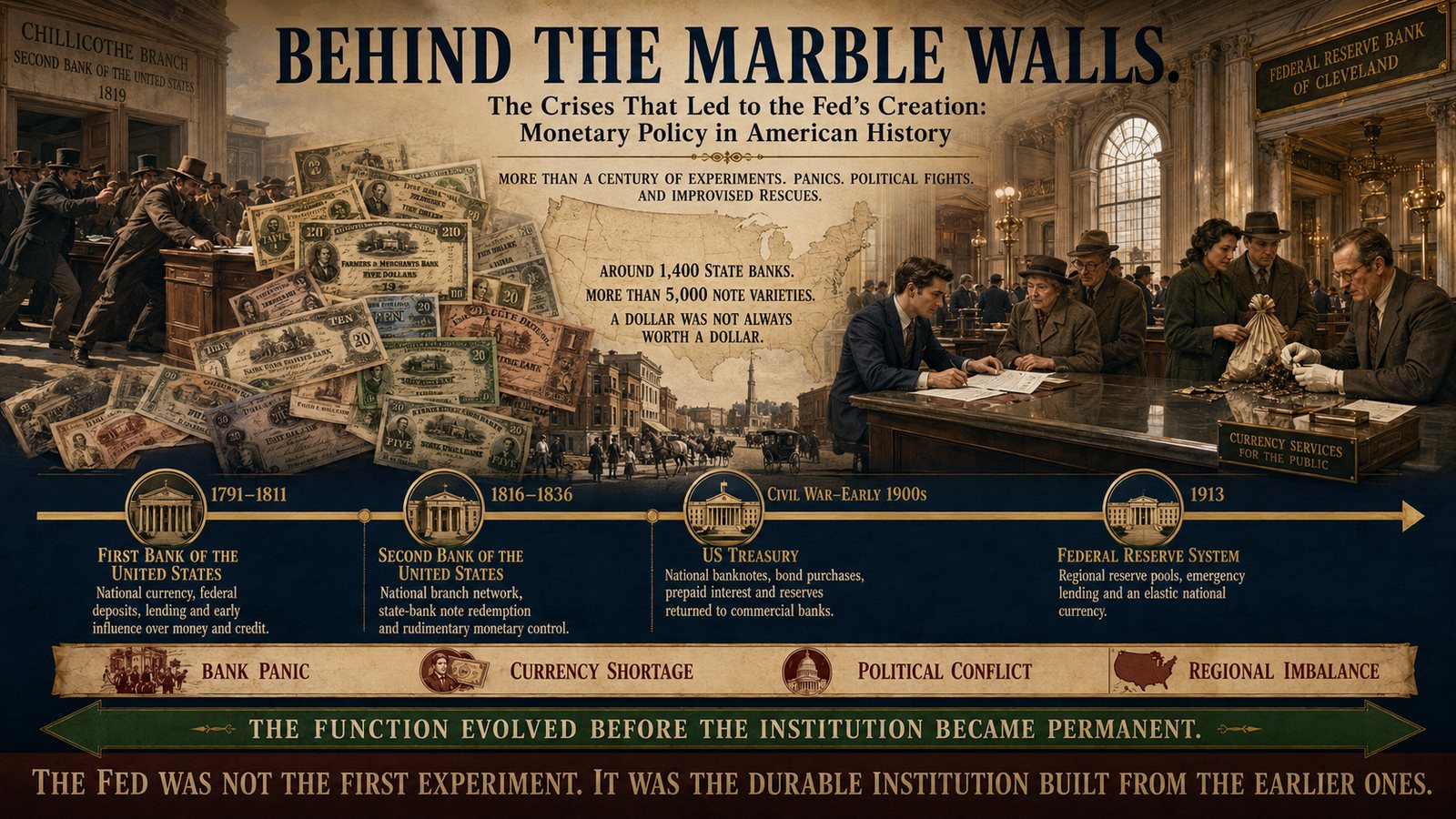 A storyboard illustration of the Federal Reserve behind its marble walls.