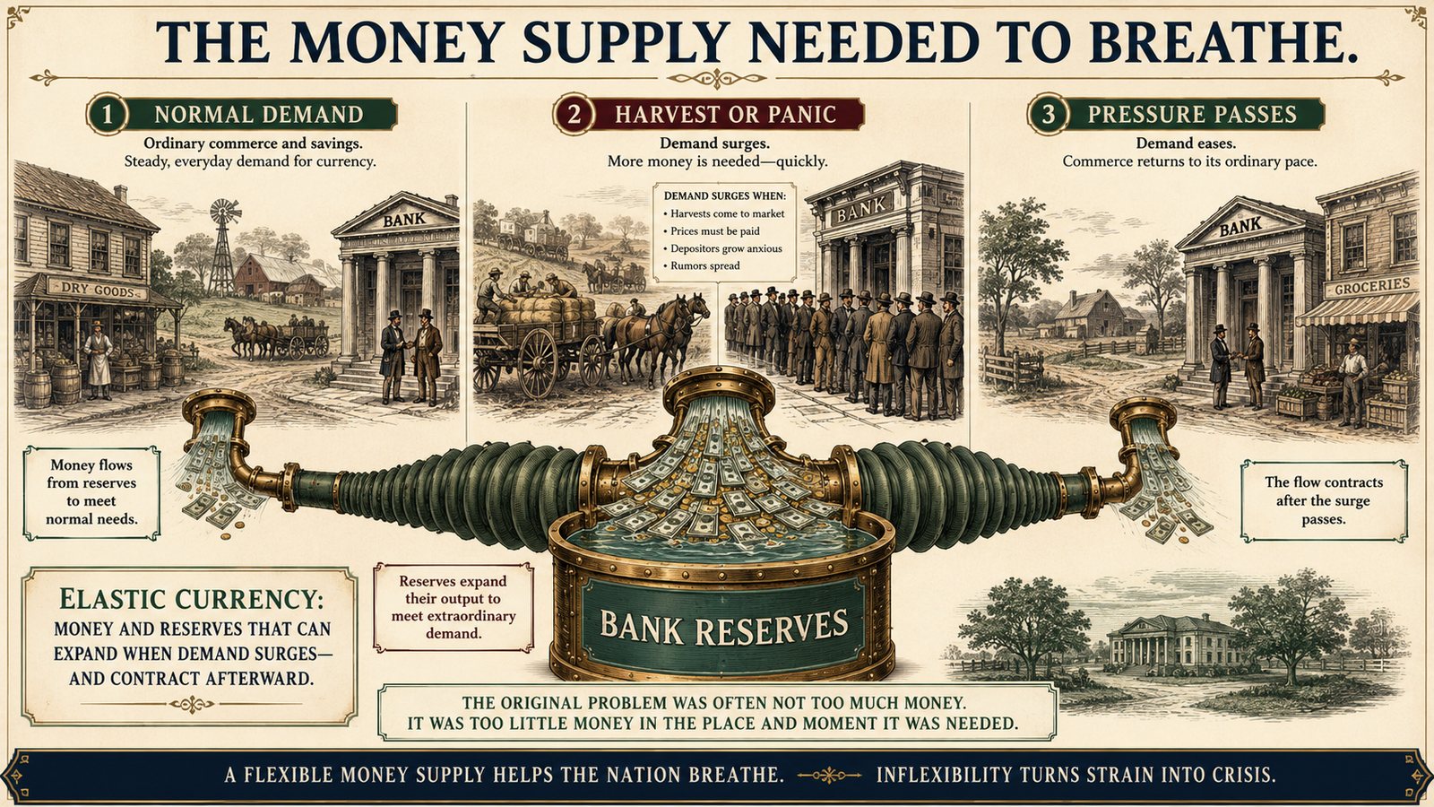 A storyboard illustration explaining what elastic currency means.