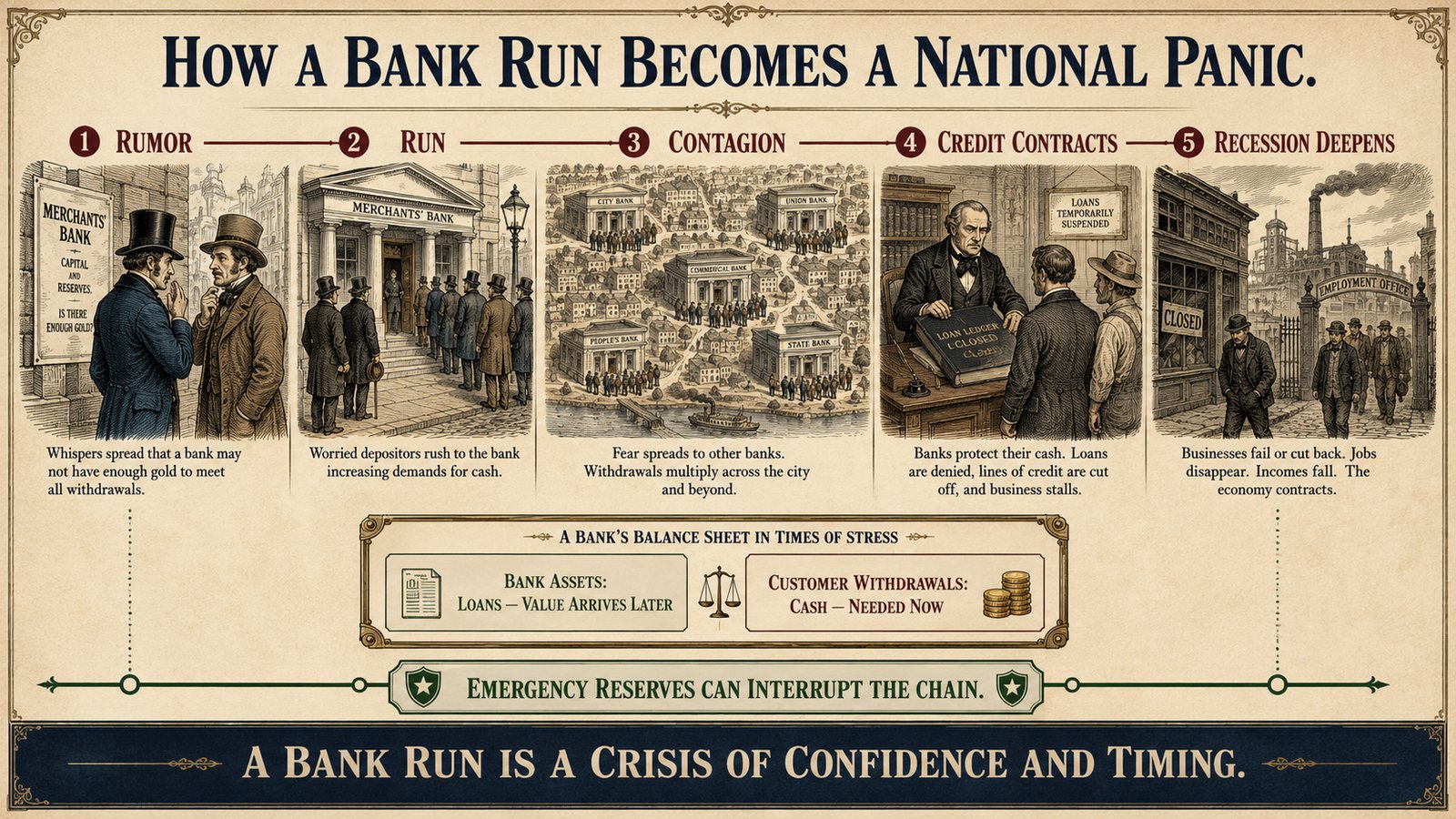 A storyboard illustration of how a single bank run becomes a national panic.