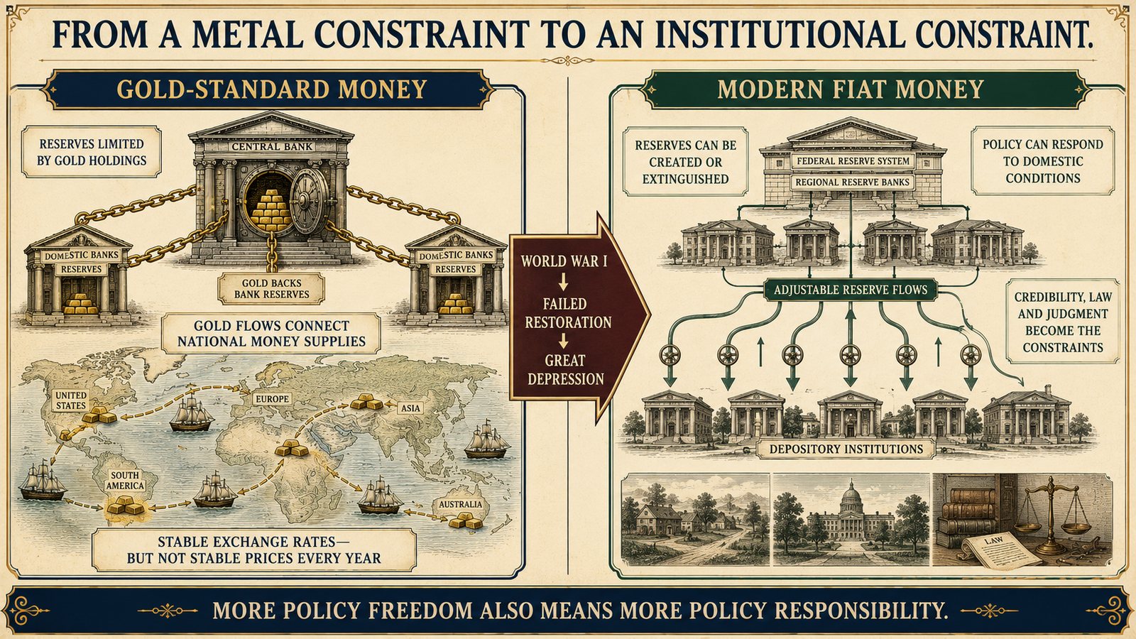 A storyboard illustration of the shift from gold to modern monetary policy.
