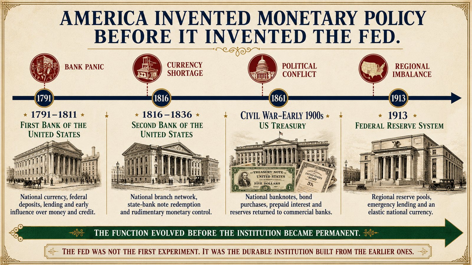 A storyboard illustration of the long road to the Federal Reserve.