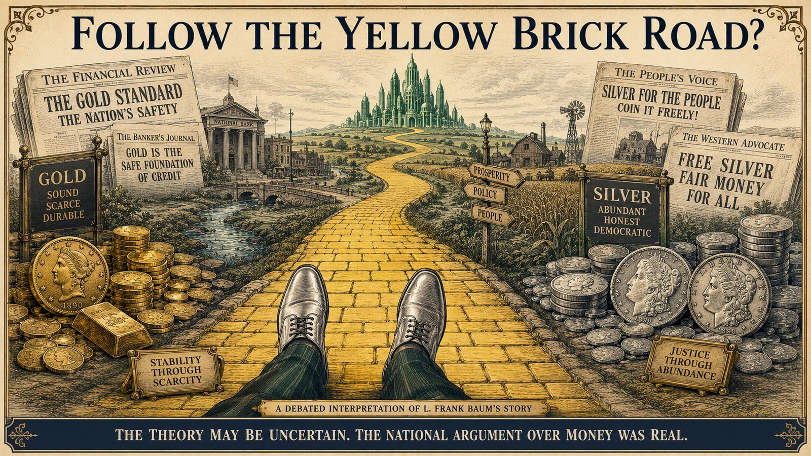 A storyboard illustration evoking the yellow brick road and the gold-and-silver allegory.